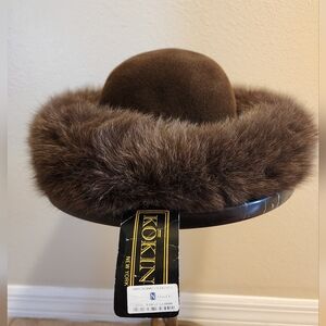 New Vintage Kokin New York Fox Fur Trimmed Beaver Felt Brown Winter Hat- Rare